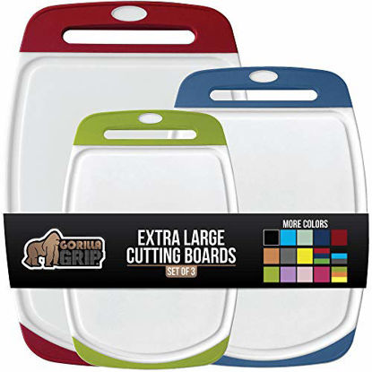 Picture of Gorilla Grip Original Oversized Cutting Board, 3 Piece, Perfect for the Dishwasher, Juice Grooves, Larger Thicker Boards, Easy Grip Handle, Non Porous, Extra Large, Set of 3, Red, Blue, Lime Green