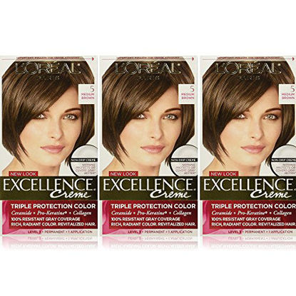 Picture of L'Oreal Paris Excellence Creme Permanent Hair Color, 5 Medium Brown, 100 percent Gray Coverage Hair Dye, Pack of 3