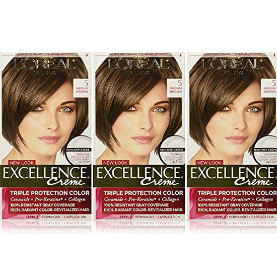 GetUSCart- L'Oreal Paris Excellence Creme Permanent Hair Color, 5 Medium  Brown, 100 percent Gray Coverage Hair Dye, Pack of 3