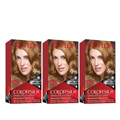 Picture of Revlon Colorsilk Beautiful Color Permanent Hair Color with 3D Gel Technology & Keratin, 100% Gray Coverage Hair Dye, 57 Lightest Golden Brown, 4.4 oz (Pack of 3)