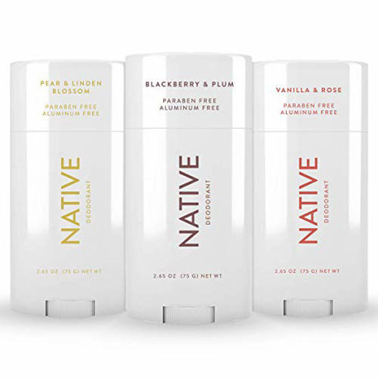 Picture of Native Deodorant - Natural Deodorant For Women and Men - 3 Pack - Contains Probiotics - Aluminum Free & Paraben Free, Naturally Derived Ingredients - Blackberry & Plum, Pear & Linden Blossom, Rose & Vanilla Scent