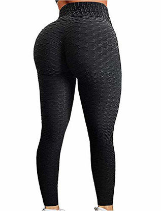 Picture of FITTOO Women's High Waist Yoga Pants Tummy Control Scrunched Booty Leggings Workout Running Butt Lift Textured Tights Peach Butt Black(M)