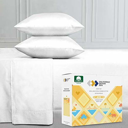 Picture of 400 Thread Count 100% Cotton Sheets, Pure White King Size Sheet Set, 4-Piece Long-Staple Combed Cotton Luxury Sheets for Bed, Breathable, Soft & Silky Sateen Weave, Fits Mattress 16'' Deep Pocket