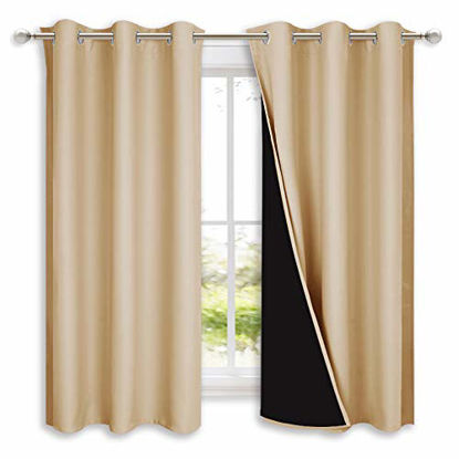 Picture of NICETOWN Bedroom Full Blackout Curtain Panels, Super Thick Insulated Grommet Drapes, Double-Layer Blackout Draperies with Black Liner for Small Window (Set of 2 PCs, 42 by 63 inches, Biscotti Beige)