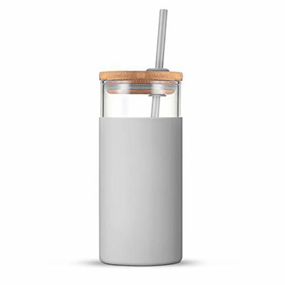 Picture of Tronco 20oz Glass Tumbler Straw Silicone Protective Sleeve Bamboo Lid - BPA Free (French Grey)