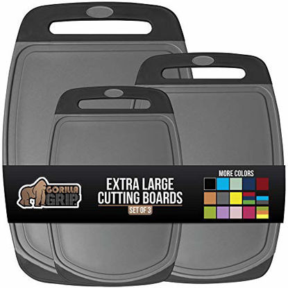Picture of Gorilla Grip Original Oversized Cutting Board, 3 Piece, Juice Grooves, Larger Thicker Boards, Easy Grip Handle, Perfect for the Dishwasher, Non Porous, Extra Large, Kitchen, Set of 3, Gray Black