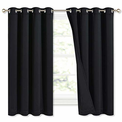 Picture of NICETOWN Complete 100% Blackout Curtains, Thermal Insulated & Energy Efficiency Window Draperies with Black Liner, Noise Reducing Short Curtains for Kids Room (Black, 52-inch W by 63-inch L, 2 Panels)