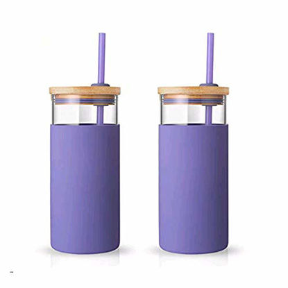 Picture of Tronco 20oz Glass Tumbler Glass Water Bottle Straw Silicone Protective Sleeve Bamboo Lid - BPA Free (Lilac)