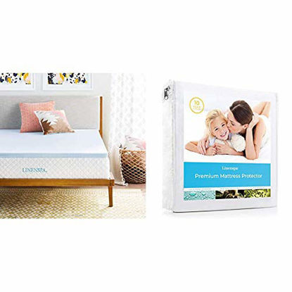 Picture of LINENSPA 2 Inch Gel Infused Memory Foam Mattress Topper, Twin & Premium Smooth Fabric Mattress Protector-100% Waterproof-Hypoallergenic-Vinyl Free Protector, Twin, White