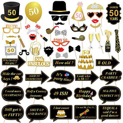 Picture of 50th Birthday Photo Booth Props, Konsait 50 Black and Faux Gold Happy Birthday Decorations DIY Photo Booth Prop Kits with Stick for Birthday Party Favor Supplies (53 Counts)