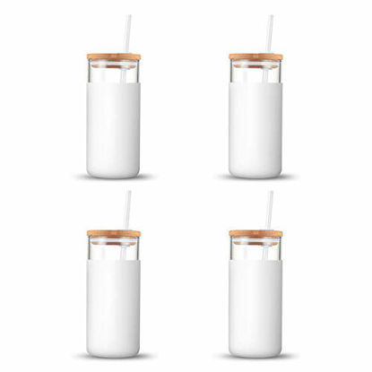 Picture of Tronco 20oz Glass Tumbler Straw Silicone Protective Sleeve Bamboo Lid - BPA Free(White/4-Pack)