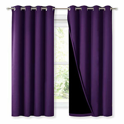 Picture of NICETOWN 100% Blackout Curtain Panels, Thermal Insulated Black Liner Curtains for Kitchen, Noise Reducing and Heat Blocking Drapes for Windows (Set of 2, Royal Purple, 52-inch Wide by 63-inch Long)