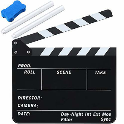 Picture of Film Clapboard 12 x 9.5 Inches Acrylic Movie Directors Clapboard Cut Action Scene Slate Studio Video Film Clapper with 2 Pieces White Ink Erasable Pen and Blackboard Eraser for Scene Shot Supplies