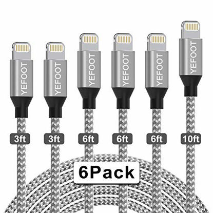 Picture of iPhone Charger, YEFOOT [Apple MFi Certified] Cable 6Pack[3/3/6/6/6/10ft] Nylon Braided Fast Charging Long Compatible iPhone 12Pro Max/12Pro/12/11Pro Max/11Pro/11/XS/Xs Max/XR and More-Silver&White
