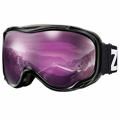 Picture of ZIONOR Lagopus Ski Snowboard Goggles UV Protection Anti fog Snow Goggles for Men Women Youth VLT 16% Black Frame Purple Lens