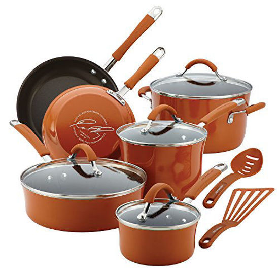 Picture of Rachael Ray Cucina Nonstick Cookware Pots and Pans Set, 12 Piece, Pumpkin Orange