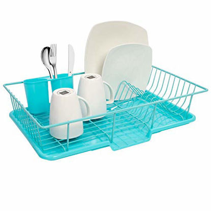 Picture of Sweet Home Collection Dish Rack Drainer 3 Piece Set with Drying Board and Utensil Holder, 12" x 19" x 5", Turquoise