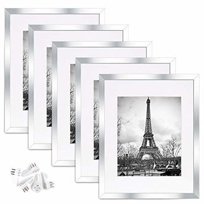 Picture of upsimples 11x14 Picture Frame Set of 5,Display Pictures 8x10 with Mat or 11x14 Without Mat,Wall Gallery Photo Frames,Silver