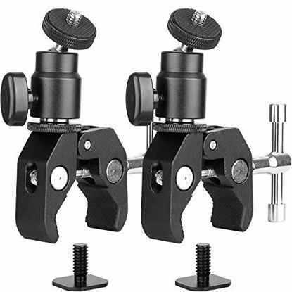 Picture of ChromLives Camera Clamp Mount Ball Head Monitor Clamp Super Clamp and Mini Ball Head Hot Shoe Mount with 1/4''-20 Tripod Screw for LCD/DV Monitor, LED Lights, Flash,Microphone and More 2Pack
