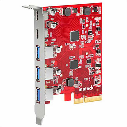 Picture of Inateck PCIe to USB 3.2 Gen 2 Card with 20 Gbps Bandwidth, 3 USB Type-A and 2 USB Type-C Ports, KU5211, Red