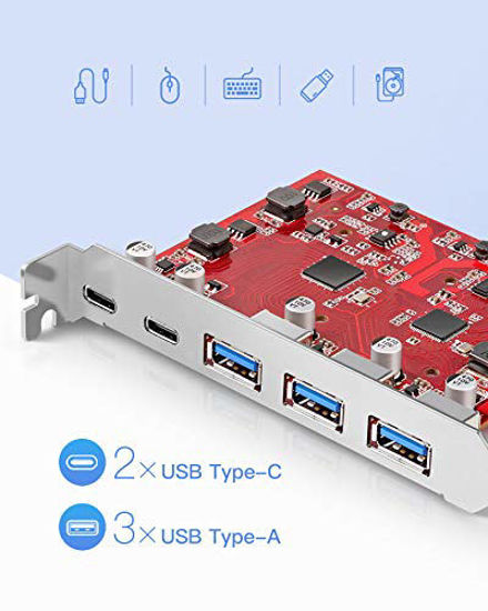 Espansione Porte USB Per PC Scheda PCI Express Con 3 Porte USB 3.0 E 2 Porte USB-C - Adattatore Per PC, 10 Gbps, Chipset ASM3142