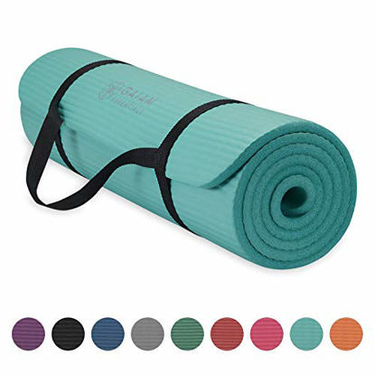 Picture of Gaiam Essentials Thick Yoga Mat Fitness & Exercise Mat With Easy-Cinch Yoga Mat Carrier Strap, Teal, 72"L X 24"W X 2/5 Inch Thick