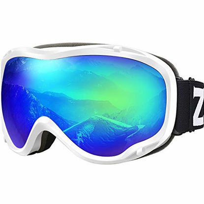 Picture of ZIONOR Lagopus Ski Snowboard Goggles UV Protection Anti fog Snow Goggles for Men Women Youth VLT 12% White Frame Mirrored Blue Lens