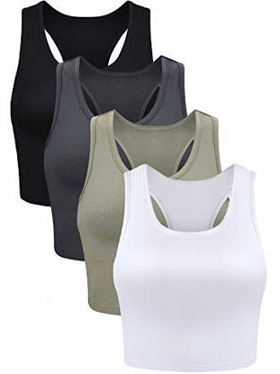 Picture of 4 Pieces Basic Crop Tank Tops Sleeveless Racerback Crop Sport Cotton Top for Women (Black, White, Grey, Olive Green, Large)