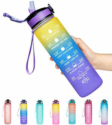 Picture of Giotto 32oz Large Leakproof BPA Free Drinking Water Bottle with Time Marker & Straw to Ensure You Drink Enough Water Throughout The Day for Fitness and Outdoor Enthusiasts-Ombre Yellow Purple