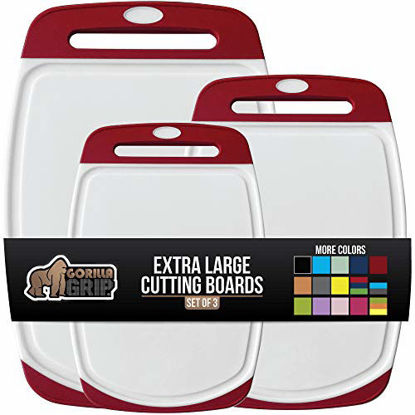 Picture of Gorilla Grip Original Oversized Cutting Board, 3 Piece, Perfect for the Dishwasher, Juice Grooves, Larger Thicker Boards, Easy Grip Handle, Non Porous, Extra Large, Kitchen, Set of 3, Red