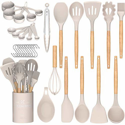 Picture of Umite Chef Kitchen Cooking Utensils Set, 24 pcs Non-stick Silicone Cooking Kitchen Utensils Spatula Set with Holder, Wooden Handle Heat Resistant Silicone Kitchen Gadgets Utensil Set (Khaki)