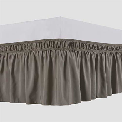 Picture of Biscaynebay Wrap Around Bed Skirts Elastic Dust Ruffles, Easy Fit Wrinkle and Fade Resistant Silky Luxrious Fabric Solid Color, Taupe for Twin and Full Size Beds 15 Inches Drop