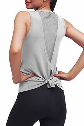 Picture of Mippo Womens Summer Workout Tops Open Back Yoga Tops Tie Back Workout Shirts Loose Tie Back Muscle Tanks Sexy Sports Gym Tops Yoga Clothes Athletic Fitness Running Tank Tops for Junior Gray XL