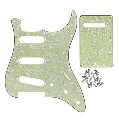Picture of IKN SSS 11 Hole Strat Guitar Pickguard Tremolo Cavity Cover Backplate with Screws for Fender USA/Mexican Standard StratGuitar Part, 4Ply Vintage Mint Green Pearl