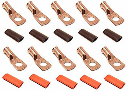 Picture of 10pcs 8 Gauge 8 AWG x 5/16” Pure Copper UL Listed Cable Lug Terminal Ring Connectors with Dual Wall Adhesive Lined Red + Black Heat Shrink Tubing – by WNI