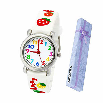 Picture of Eleoption Waterproof Kids Watch for Girls Boys Time Machine Analog Watch Toddlers Watch 3D Cute Cartoon Silicone Wristwatch Time Teacher for Little Kids Boys Girls Birthday Gift (Strawberry White)