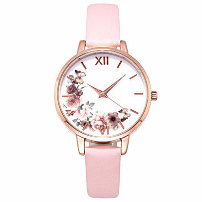 Picture of KIMOMT Women's Analog Casual Watch Floral Print Wristwatch with Pink Leather Strap