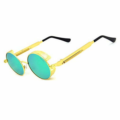 Picture of Ronsou Steampunk Style Round Vintage Polarized Sunglasses Retro Eyewear UV400 Protection Matel Frame golden frame/green lens