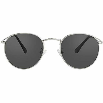 Picture of Small Round Polarized Sunglasses for Men Women Mirrored Lens Classic Circle Sun Glasses (Silver Frame/Black Lens)