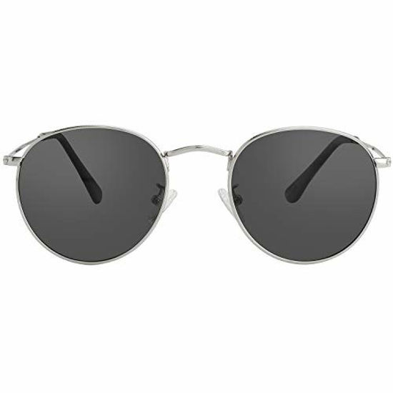 Picture of Small Round Polarized Sunglasses for Men Women Mirrored Lens Classic Circle Sun Glasses (Silver Frame/Black Lens)