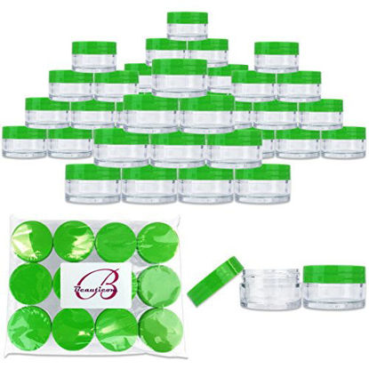Picture of Beauticom 20 gram/20ml Empty Clear Small Round Travel Container Jar Pots with Lids for Make Up Powder, Eyeshadow Pigments, Lotion, Creams, Lip Balm, Lip Gloss, Samples (48 Pieces, Green)