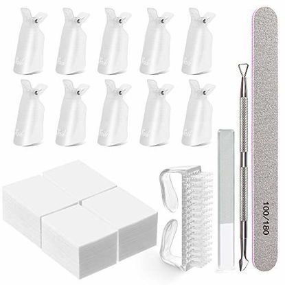 Picture of Gel Nail Remover Kit,MORGLES 10pcs Nail Clips Nail Polish Remover Clips 300pcs Nail Wipe Cotton Pads Nail Files Grits 100/180 Glass Nail Shiner Cuticle Pusher & Brush-Clear
