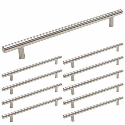 Picture of homdiy Brushed Nickel Cabinet Pulls - HD201SN Drawer Pulls Modern T Bar Handles 8-4/5in Hole Centers Kitchen Cabinet Handles 10 Pack Stainless Steel Cabinet Hardware