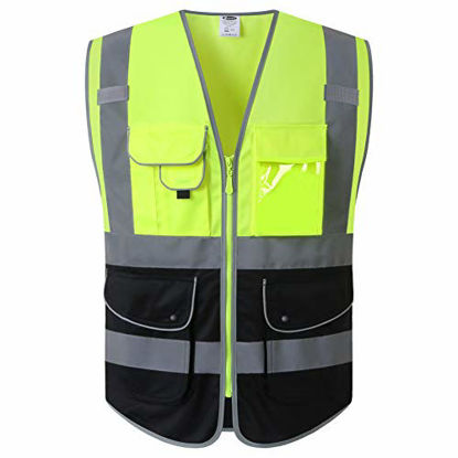 Picture of JKSafety 9 Pockets High Visible Reflective Safety Vest Zipper Front Breathable LiningYellow-Black Meets ANSI/ISEA Standards(Medium, Yellow-Black