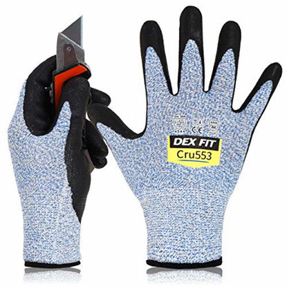 Picture of DEX FIT Level 5 Cut Resistant Gloves Cru553, 3D Comfort Stretch Fit, Power Grip, Durable Foam Nitrile, Smart Touch, Machine Washable, Thin & Lightweight, Blue Large 1 Pair