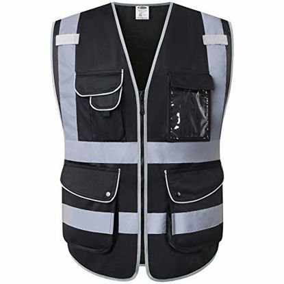 Picture of JKSafety 9 Multi-Functional Pockets Zipper Front Safety Vest With Reflective Strips Meet ANSI/ISEA Standards (Black, XX-Large)