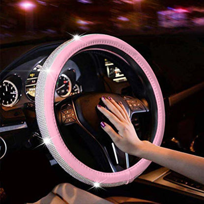 Picture of New Diamond Leather Steering Wheel Cover with Bling Bling Crystal Rhinestones, Universal Fit 15 Inch Car Wheel Protector for Women Girls (Pink)