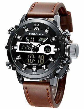 Picture of MEGALITH Mens Sports Watches Black Military Digital Gents Watch Leather Chronograph Waterproof Wrist Watches for Man Boys with Led Light Quartz Multifunction Cool Watches Alarm Stopwatch Calendar