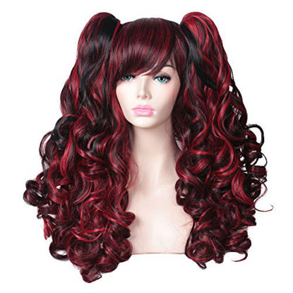Picture of ColorGround Long Curly Multi-Color Cosplay Wig with 2 Ponytails(Black with Red)