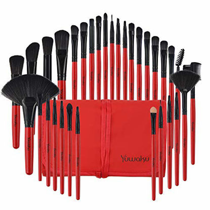 Picture of Yuwaku Make Up Brushes, Red Makeup Brushes Set 32 Piece Premium Synthetic Foundation Powder Concealers Eye shadows Blush Cosmetic Brush Wooden Handle with Bag